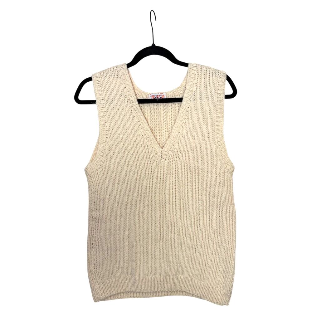 VTG 70s Women's Sz L Handmade Knit Pullover Sweater Cream V Neck Sleeveless